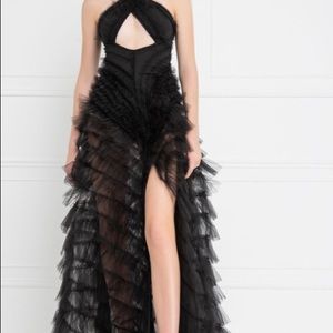 Kikiriki black tiered-ruffle mesh maxi dress, sz medium